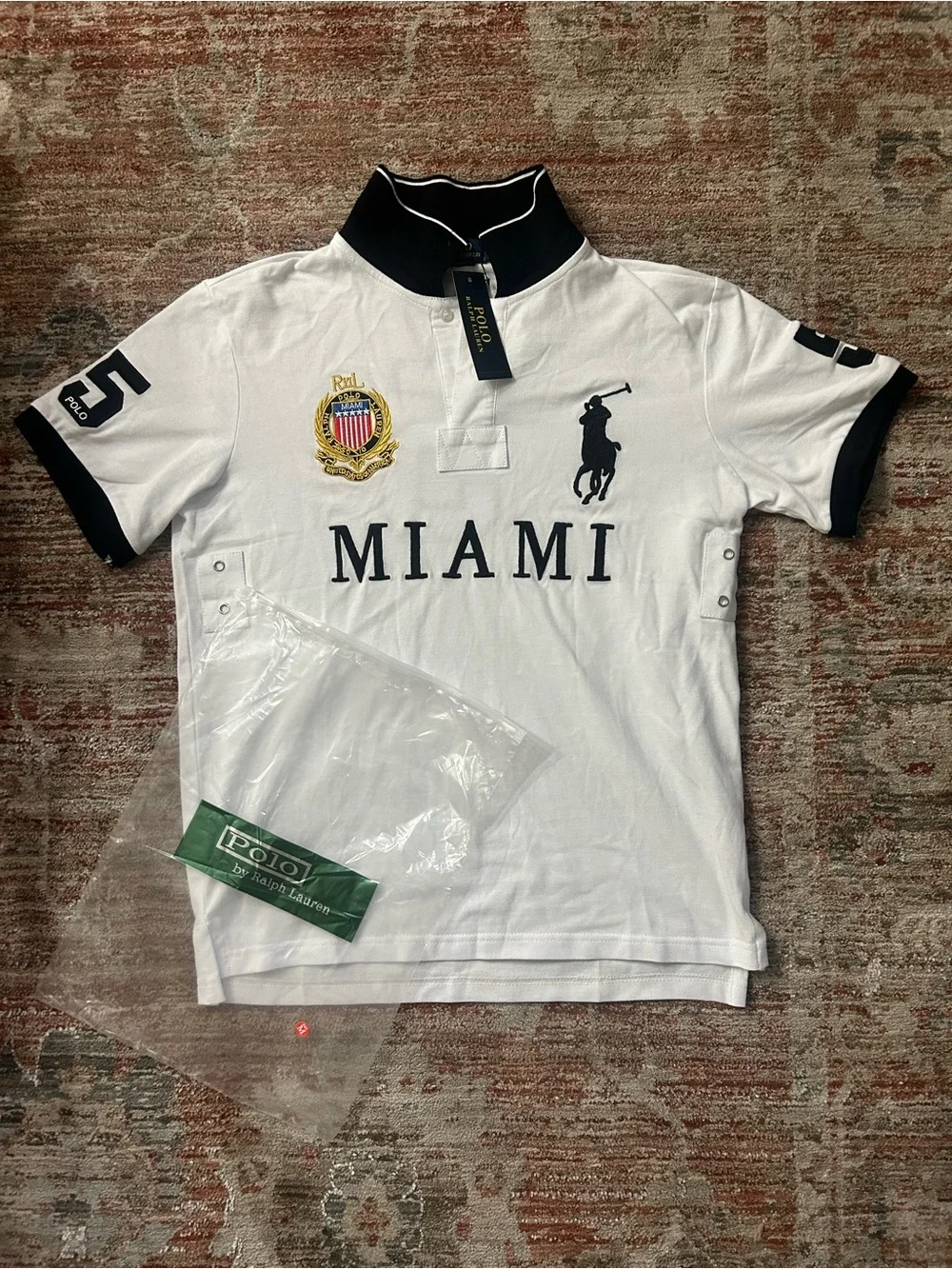 Ralph Lauren White Polo Shirt with Navy Trim - Miami Crest